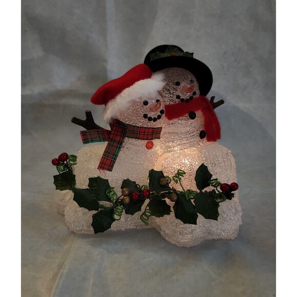 Vintage Light Up Snowman Couple Christmas Holiday Decor Santa Hat Mistletoe - Picture 3 of 9
